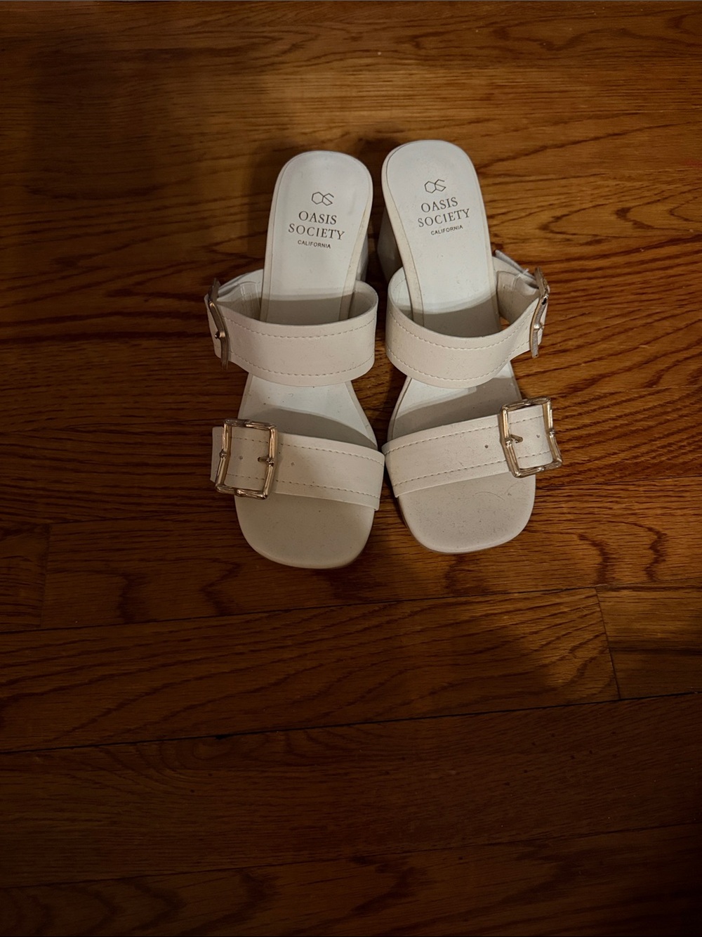 Oasis Society Cream Double-Buckle Block Heel Sandals